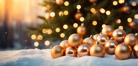 Golden christmas balls on snow with bokeh background 3D renderingの素材