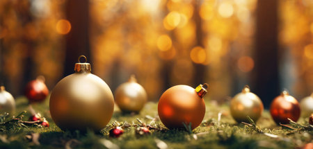 Christmas background with golden and red baubles on green grass.の素材