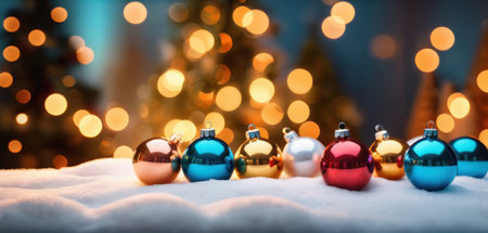 Colorful christmas baubles on snow with bokeh backgroundの素材
