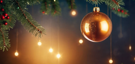 Christmas tree with golden baubles and lights on a dark backgroundの素材