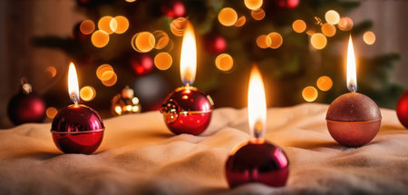 Christmas and New Year candles with bokeh lights on background.の素材