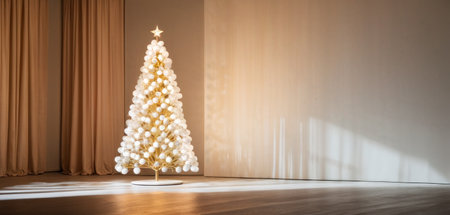 Christmas tree in a room with a white wall and a wooden floorの素材