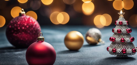 Christmas background with baubles and decorations on bokeh backgroundの素材