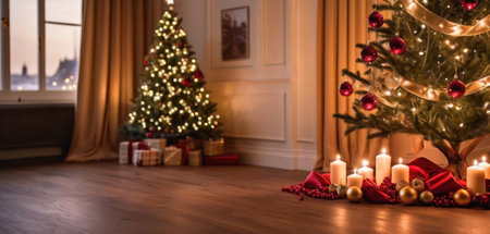 Christmas tree and candles on the background of the interior of the living roomの素材
