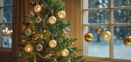 Christmas tree with golden baubles on the background of a windowの素材