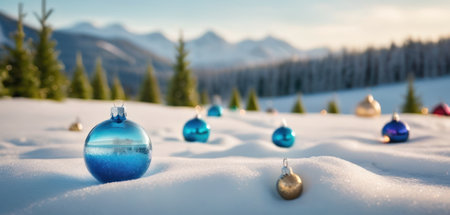 Christmas decoration in the snow with pine trees and mountains in the backgroundの素材