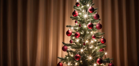 Christmas tree with red baubles and lights on the background of curtainsの素材