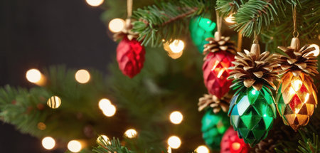 Christmas tree decorated with colorful ornaments and bokeh lightsの素材