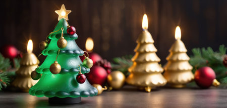 Christmas tree and candles on a wooden background. New Year and Christmas.の素材