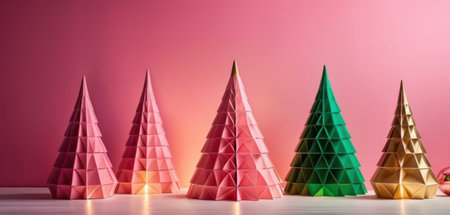 Pyramid of colorful origami Christmas trees on a pink background.の素材