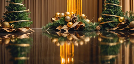 Christmas decoration with golden balls and ribbons on a reflective surface.の素材