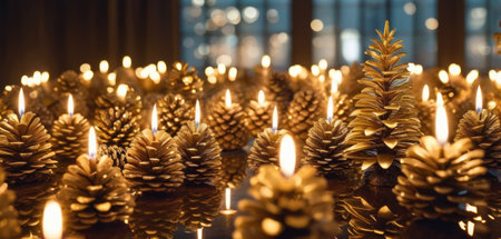 Burning candles in the shape of a christmas tree on a dark backgroundの素材