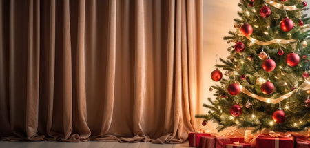 Christmas tree and gifts on the background of a window with curtains.の素材