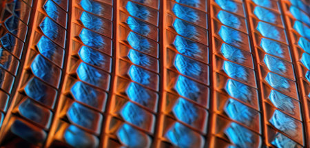 abstract background of metal grille with blue and orange light.の素材