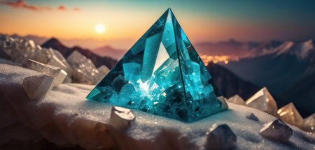 Blue crystal in the snow against the backdrop of mountains. 3d renderingの素材