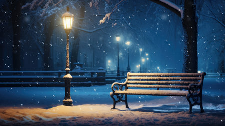 Winter park at night with bench and street lamp. Snowfall.の素材
