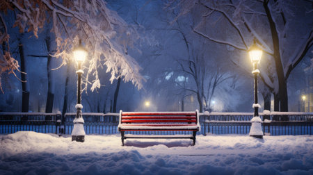 Bench in the park at night covered with snow, illuminated by street lamps.の素材
