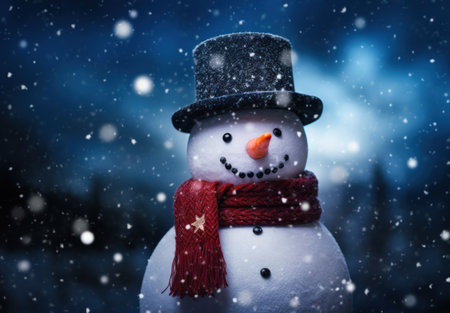 Snowman with red scarf and hat on dark background. Christmas concept.の素材