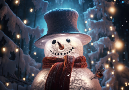 Snowman in the forest at night. Christmas and New Year concept.の素材