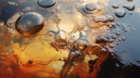 Oil bubbles in water. Abstract background with oil drops in water.の素材
