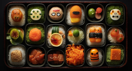 Lunch box with sushi and rolls on dark background, top viewの素材