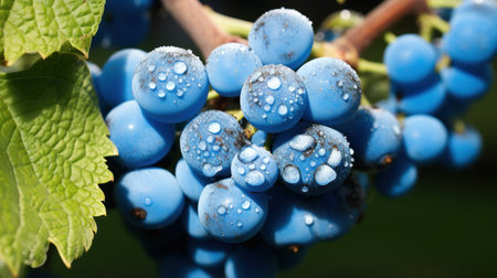 Blue grapes with water drops on branch in vineyard, closeupの素材
