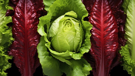Fresh green and red lettuce on black background, top view, closeupの素材