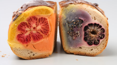 Fruit cake with orange and grapefruit on a white background.の素材
