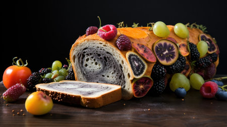 Sliced bread with fresh berries and fruits on a black backgroundの素材