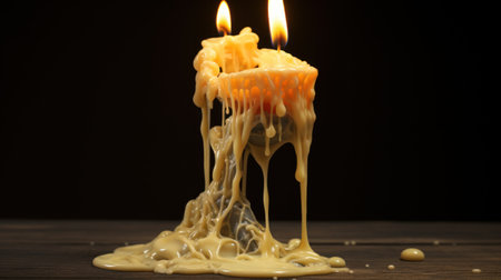 Burning wax candle on wooden table against dark background, closeupの素材