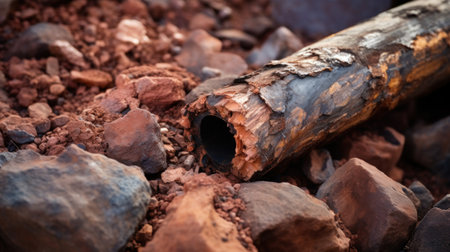 Wooden log with a hole in the ground, close-upの素材