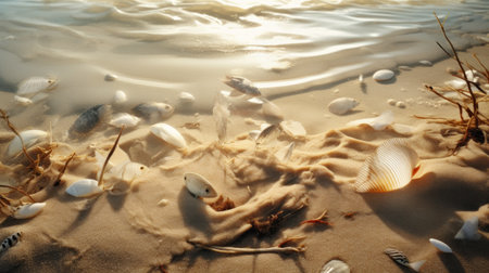 Seashells on a sandy beach in the sunset light.の素材