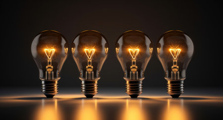 Group of glowing light bulbs on dark background. 3D rendering.の素材