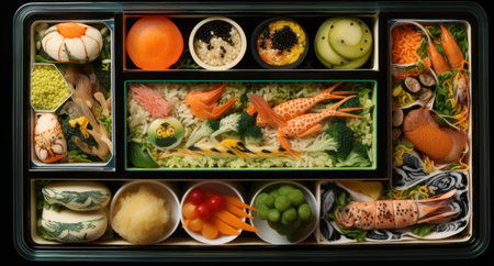 Healthy lunch box with delicious food in bento box close upの素材