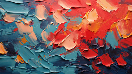 Abstract oil paint background in blue, orange and red colors. Fragment of artwork.の素材