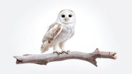 Tawny owl on a branch isolated on a white background.の素材