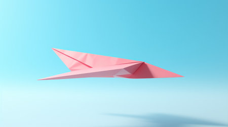 Origami pink paper plane on blue background. 3D rendering.の素材