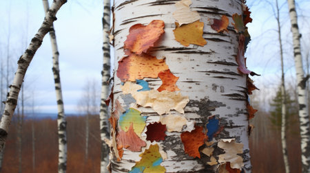 Birch bark covered with multicolored autumn leaves in the forestの素材