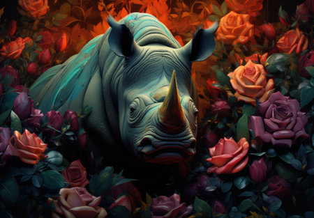 Rhinoceros with roses, floral background. Digital painting.の素材