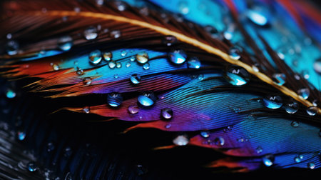 Macro shot of colorful bird feathers with water drops on it.の素材