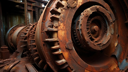 abandoned industrial equipment, close up of old rusty gear mechanismの素材