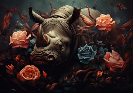White rhinoceros with roses and butterflies. 3d renderingの素材