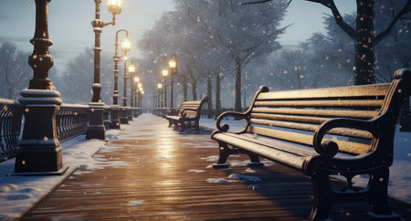 Snowy winter park with bench and lanterns, vintage tonedの素材