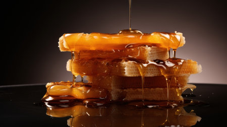 Honey dripping from honey dipper to waffles on dark backgroundの素材