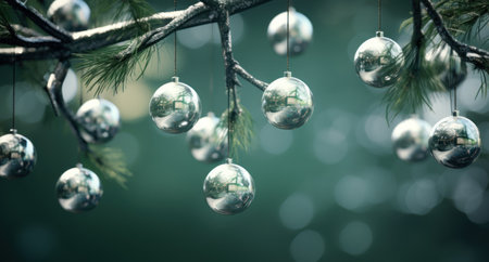 Silver christmas balls hanging on pine tree with bokeh backgroundの素材