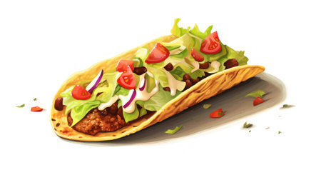 Taco with meat and vegetables, isolated on a white background.の素材