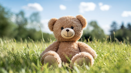 Teddy bear sitting on green grass in the park with blue skyの素材