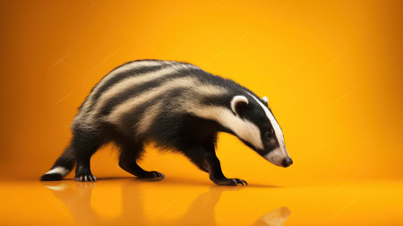 Studio shot of a badger on orange background. Studio shot.の素材