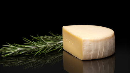 A piece of cheese with a sprig of rosemary on a black backgroundの素材