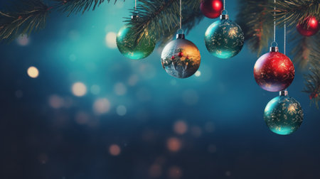 Christmas tree with colorful baubles on blue bokeh backgroundの素材